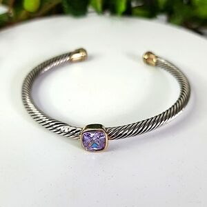 Silver Cable Flex Open Cuff Bracelet with  Amethyst Color Stone
